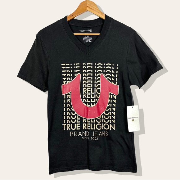 True Religion Other - True Religion V Neck All Over Gold Metallic Logo Stretchy Short Sleeve T Shirt S